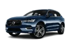 Front three quarter view of a modern blue Volvo luxury SUV vehicle isolated on a white background.